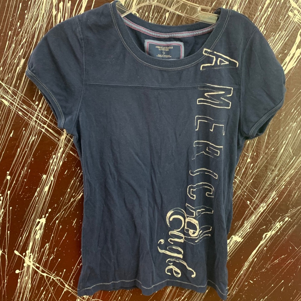 American Eagle Outfitters Navy Blue Graphic T-Shirt Logo Back 26 Large